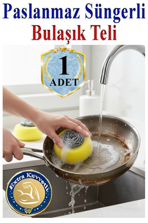 Süngerli Bulaşık Teli Ovma Teli 1 Adet Süngerli Toptel Sürtme Teli Lavabo Mutfak Banyo Temizlik Teli Sert Yüzey