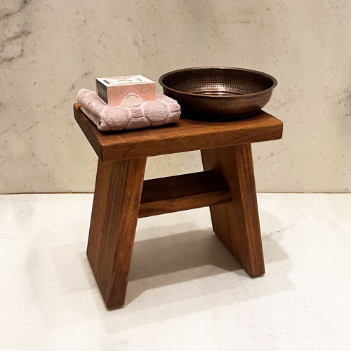 İroko Ahşap Banyo Taburesi Oturak ve Oksit Bakır Hamam Tası Seti