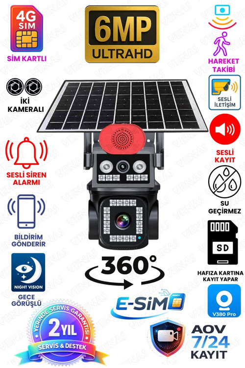 2 Kameralı Sim Kartlı 7/24 Kayıt Yapabilen Gece Görüşlü Güneş Panelli Güvenlik Kamerası