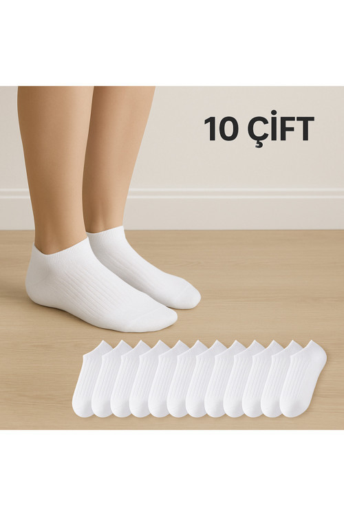 10'lu Kadın Fitilli Kısa Beyaz Patik Çorap 10 Çift