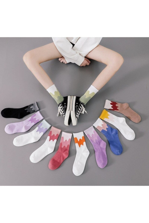 12 Li Çok Renkli Zikzak Desenli Pamuklu Kolej Tenis Çorap 12 Li