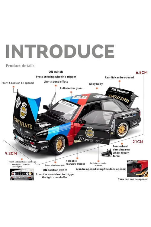 1:24 BMW M3 1988 E30 DTM Warsteiner Sesli Işıklı Çekbırak Metal Model Araba Siyah Renk