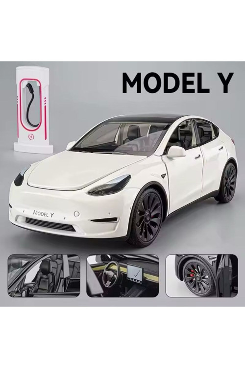Tesla Model Y Diecast Model Araba 1:24 Sesli Işıklı Açılan Kapılar Tesla Yeni Model Araba Beyaz