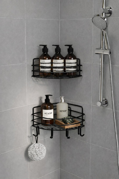 Tek Katlı Köşe Duş Rafı – Kancalı Banyo Şampuanlık & Organizer 2 Adet Siyah TK-01