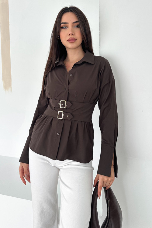 Kadın Kemer Detaylı Tokalı Gömlek – Brown Frame
