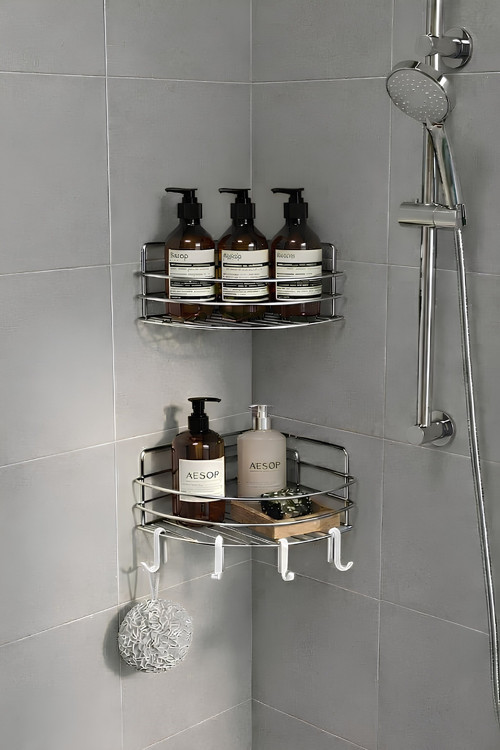 Tek Katlı Köşe Duş Rafı – Kancalı Banyo Şampuanlık & Organizer 2 Adet Krom TK-01