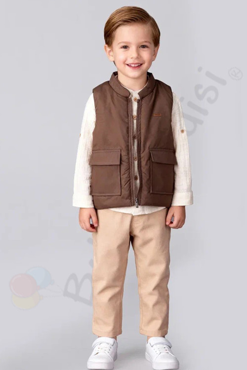 Keten Pamuklu Şişme Yelekli Gömlekli Erkek Bebek Çocuk alt ust 3 lü Takım Kıyafetleri Bayramlık