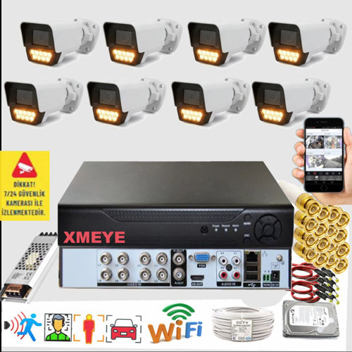 8 li Araç İnsan Yüz Tanımalı Hareket Algılayan 5 MP Lens 9 Warm Led Gece Renkli Kamera Seti 5909W