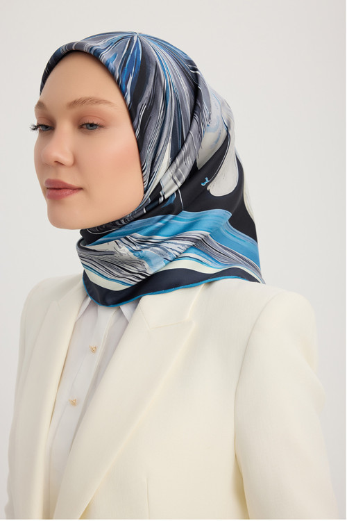 Altın Zambak - İndigo - %100 İpek Twill Eşarp - 90x90 Cm