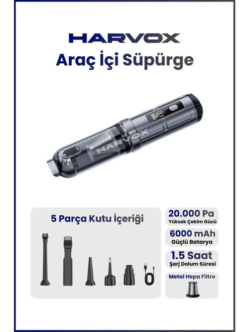 Harvox Araç İçi Süpürge 20.000PA Güçlü Vakum ve Üfleme Özelliği Kablosuz Taşınabilir 6000MAH Bataryalı LED Aydınlatmalı