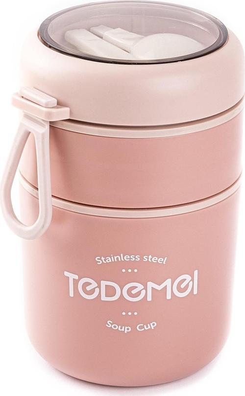 Paslanmaz Çelik Yuvarlak 2 Katlı Plastik Kaşıklı Yemek Taşıma Kabı 710ml