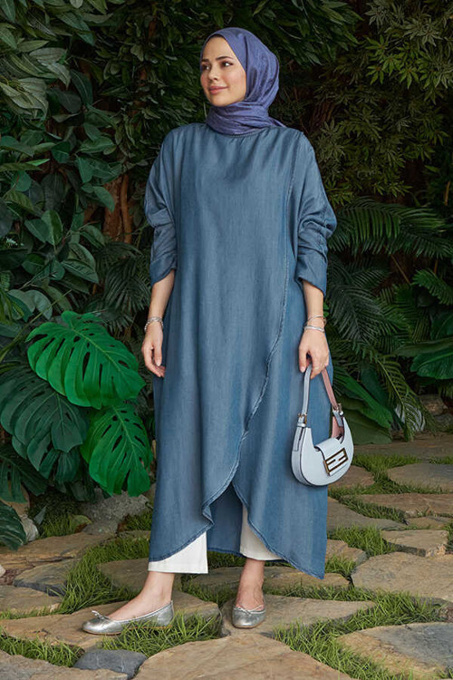 6394-Denim Standart Salaş Tunik Koyu Mavi