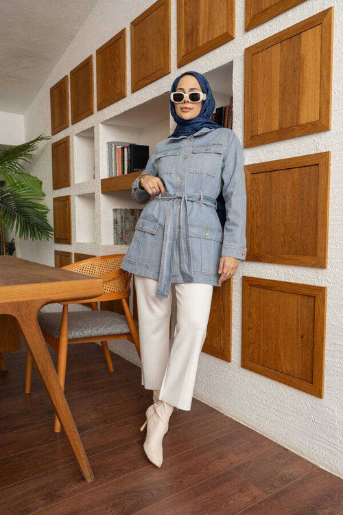 6653-Cepli Kuşaklı Kısa Ceket Mavi