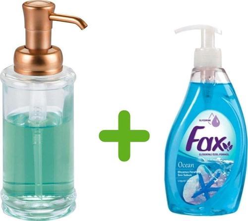 Bakır Renk Pompalı Cam Sıvı Sabunluk Ve 1 Adet 400 Ml Sıvı Sabun Okyanus Kokulu