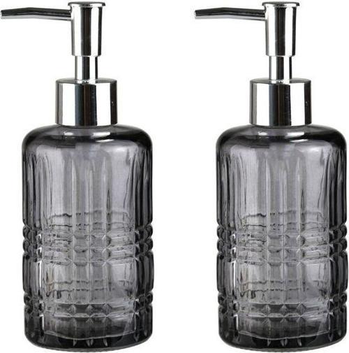 Banyo Seti Cam Sıvı Sabunluk 2 Adet,Kristal Desenli Gri 300Ml 6,8X17,6Cm
