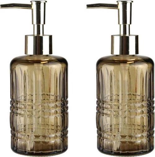 Banyo Seti Cam Sıvı Sabunluk 2 Adet,Kristal Desenli Kahverengi 300Ml 6,8X17,6Cm