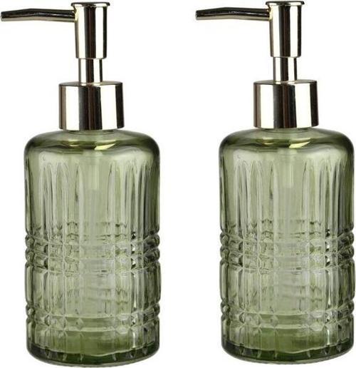 Banyo Seti Cam Sıvı Sabunluk 2 Adet,Kristal Desenli Yeşil 300Ml 6,8X17,6Cm