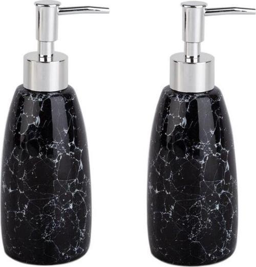 Banyo Seti Mermer Desenli Siyah Sıvı Sabunluk 2 Adet 8X8X17Cm 300Ml