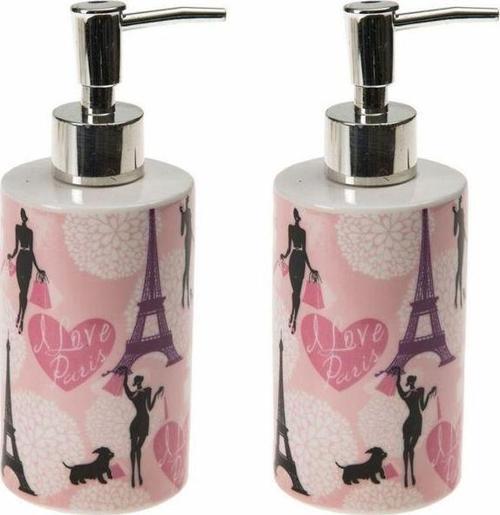 Banyo Seti Seramik Sıvı Sabunluk 2 Adet Kızlı Paris Desenli 7X7X18Cm 320Ml