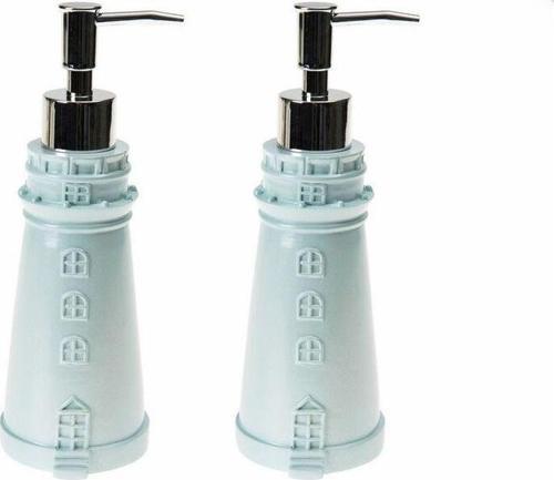 Banyo Seti Sıvı Sabunluk 2 Adet Deniz Feneri Mavi Model Poliresin 7X7X21Cm