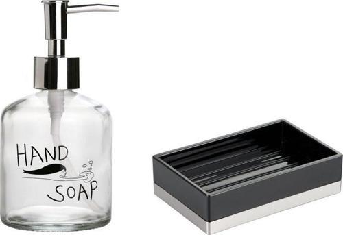 Banyo Seti,El Sabunu Yazılı Cam Sıvı Sabunluk Ve Akrilik Siyah Sabunluk