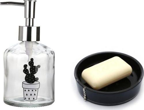 Banyo Seti,Kaktüs Desenli Cam Sıvı Sabunluk Ve Akrilik Siyah Taşlı Sabunluk