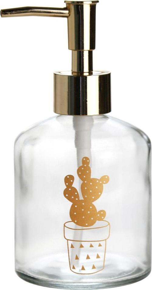 Cam Sıvı Sabunluk Altın Işlemeli,Kaktüs 2 Desen 300Ml 7,6X15,5Cm