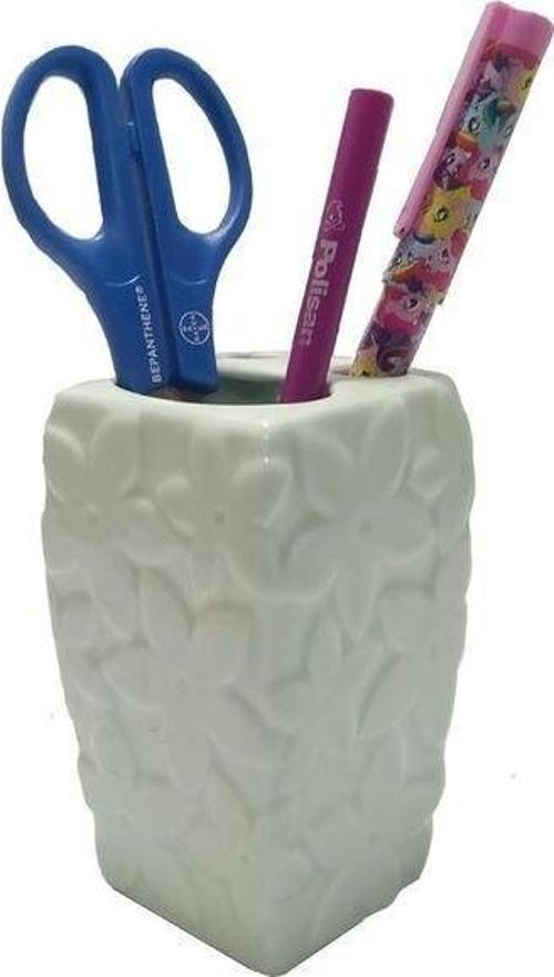 Kalemlik Çiçekli Su Yeşili Seramik Ofis Gereci 7X7X12Cm