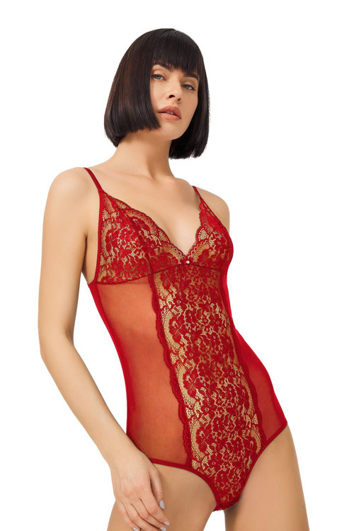Kırmızı Çıtçıtlı Dantelli Transparan Balensiz Bodysuit