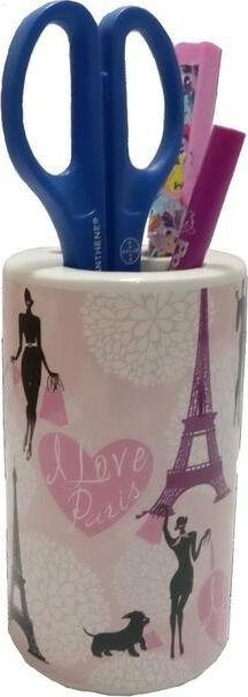 Kalemlik Kızlı Paris Desenli Seramik Ofis Gereci 7X7X11Cm