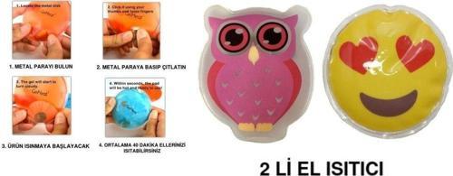 Kalp Emoji Pembe Baykuş Cep Sobası,El Isıtıcı,2 Adet Sıcak Su Torbası Pvc 9Cm