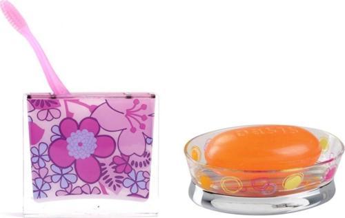 Diş Fırçalık Sabunluk 2 Li Banyo Seti,Pembe Çiçekli Akrilik