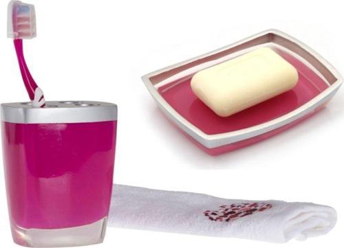 Sabunluk Diş Firçalik 2 Li Banyo Seti,Gri Pembe Poliresin