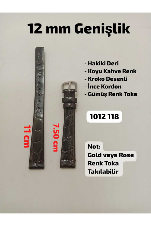 12 Mm Uyumlu Kadın Kol Saati Kayışı Koyu Kahve Renk Kroko Desenli Kordon Gümüş Tokalı Model 1012K118
