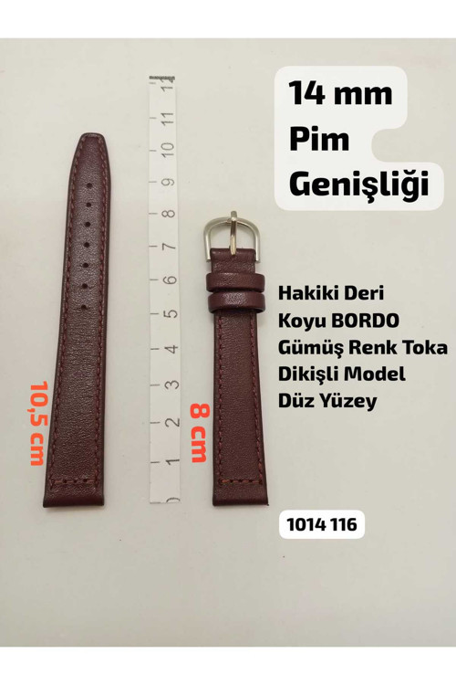 14 Mm Uyumlu Kol Saati Kordonu (Hakiki Deri) Koyu Bordo Renk Düz Dikişli Model- (Gümüş Renk Toka)