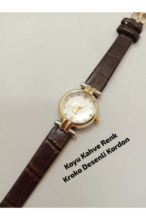 Marka Tasarım- Gold Çelik Kasa Şık - Koyu Kahve Renk Kroko Desenli- Kadın Kol Saati