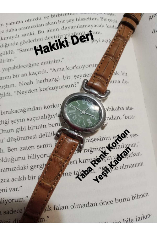 Yeni Model Kadın Kol Saati Şık Model Taba Renk Kordon -Gümüş Kasa (Yeşil Kadran) 0057