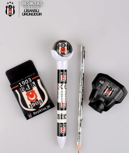 LİSANSLI BEŞİKTAŞ TOP BAŞLI UÇLU KALEM ,KURŞUN KALEM , LOGO SİLGİ VE Kalemtıraş KIRTASİYE SETİ 