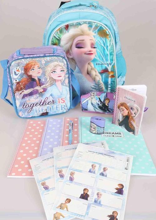 LİSANSLI FROZEN ELSA İLKOKUL VE BESLENME ÇANTASI İLE  KIRTASİYE SETİ 