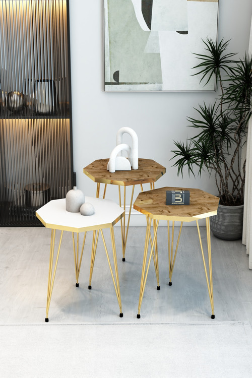 3'lü Sekizgen Zigon Sehpa Seti - Gold Metal Ayaklı, Modern & Şık Yan Sehpa, Dayanıklı Salon Ofis