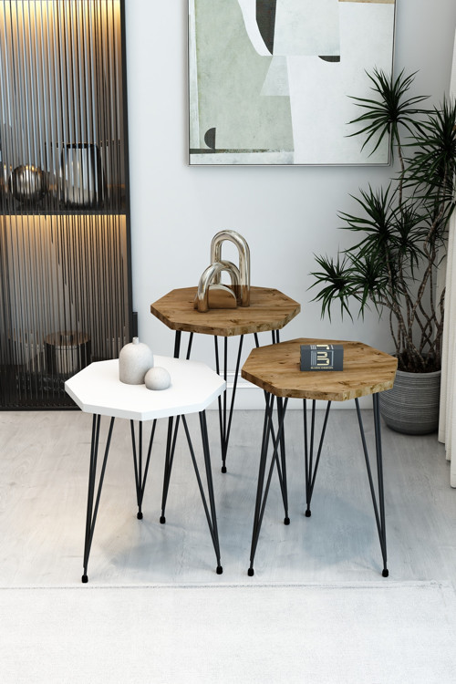 3'lü Sekizgen Zigon Sehpa Seti - Siyah Metal Ayaklı, Modern & Şık Yan Sehpa, Dayanıklı Salon Ofis
