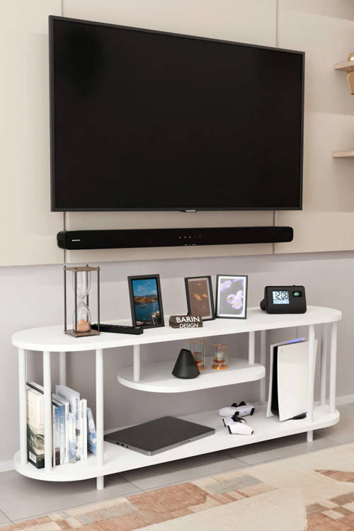 Modern TV Ünitesi Ahşap Raflı 2 Katlı Televizyon Sehpası Minimalist,Dayanıklı, TV Standı Beyaz Demir