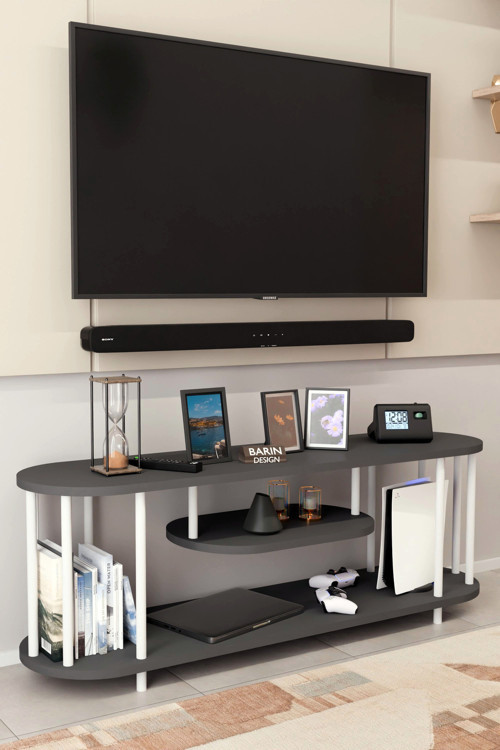 Modern TV Ünitesi Ahşap Raflı 2 Katlı Televizyon Sehpası Minimalist,Dayanıklı, TV Standı Beyaz Demir