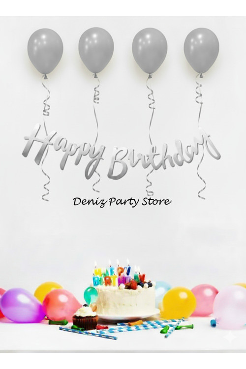 4 Adet Metalik Gümüş Balon Happy bırthday Kaligrafi Yazı set