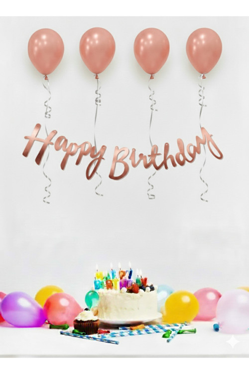 4 Adet Metalik Rose Gold Balon Happy bırthday Kaligrafi Yazı set
