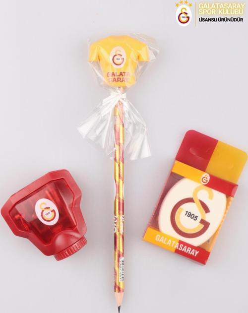 LİSANSLI GALATASARAY SİLGİ TEPELİ KURŞUN KALEM, LOGO SİLGİ VE Kalemtıraş KIRTASİYE SETİ 