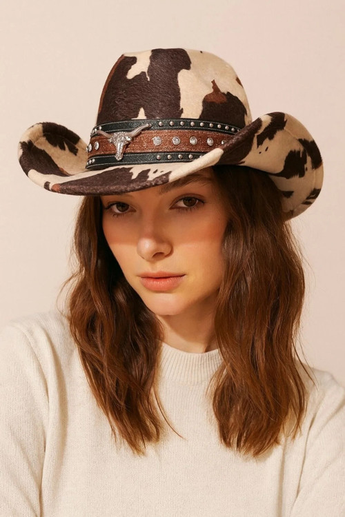 Boğa Figürlü Deri Kayışlı Başlı Kovboy Şapkası