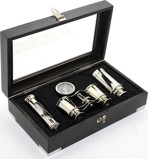 Ahşap Kutulu Pirinç Dürbün Pusula Ve Kumsaati Seti