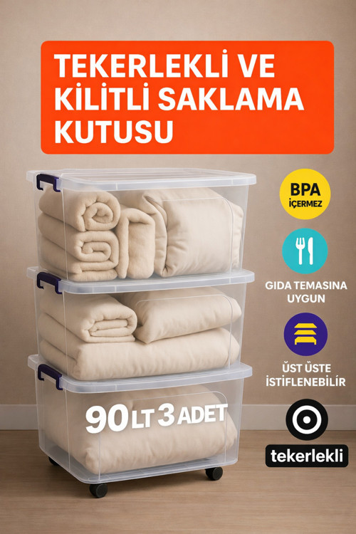 90 Lt Şeffaf Saklama Kutusu 3 Adet Kilitli Tekerlekli Depolama Düzenleme