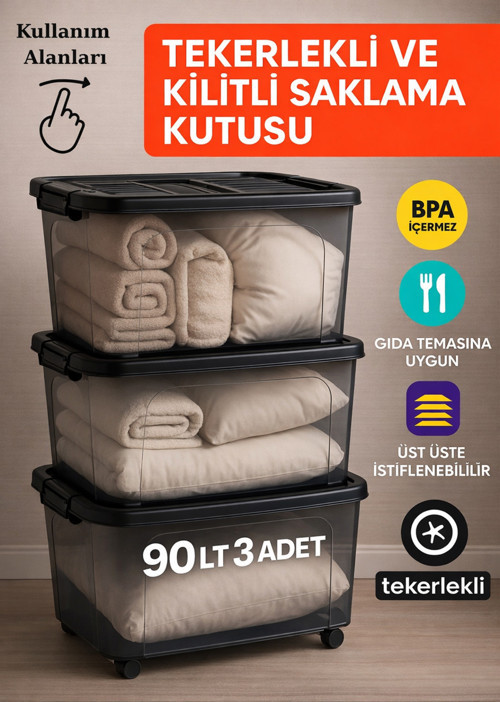 90 Lt Depolama 3 Adet Kilitli Saklama Antrasit Depolama Tekerlekli